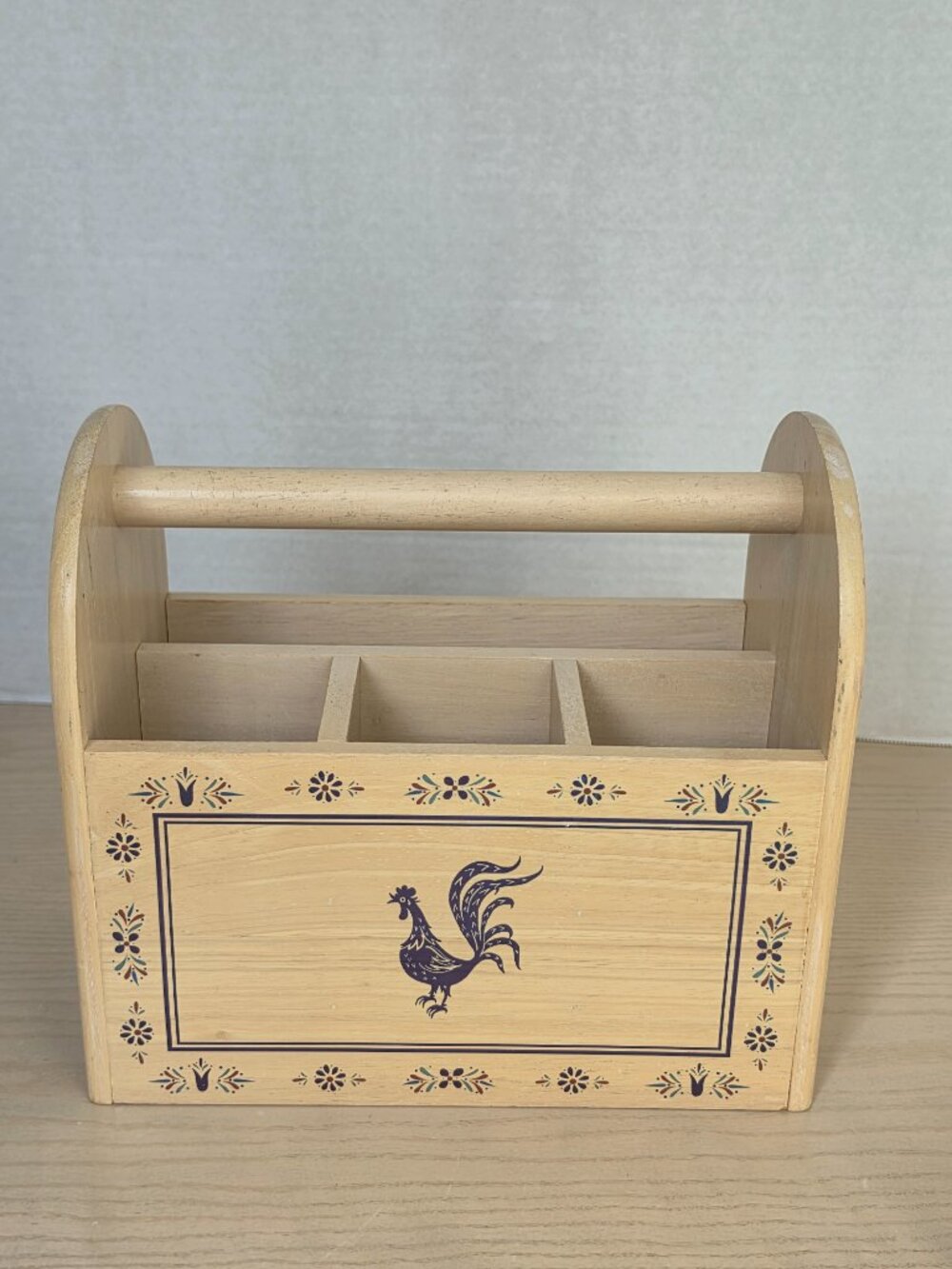 Vintage Kamenstein Light Wood Blue Rooster Motif Napkin Silverware Utensil Caddy